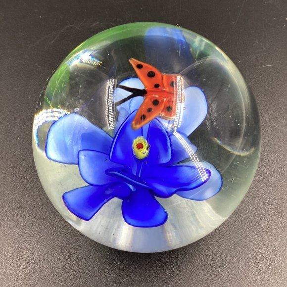 LSArts Art Glass Paperweight Blue with Red butterfly  Paper Weight - Picture 3 of 9